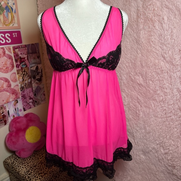 Pink and Black Lace Trim Babydoll - Picture 3 of 7